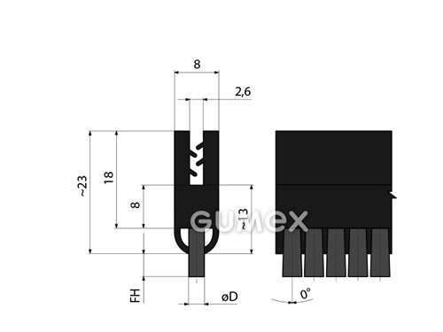 Profil s kartáčem 1310,  30x8mm, délka kartáče 7mm, průměr 0,15mm, sklon 0°, profil TPE, kartáč PA6, -20°C/+100°C, černý